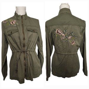 Westport Military Style Jacket Womens Size S Green Floral Embroidery Drawstring